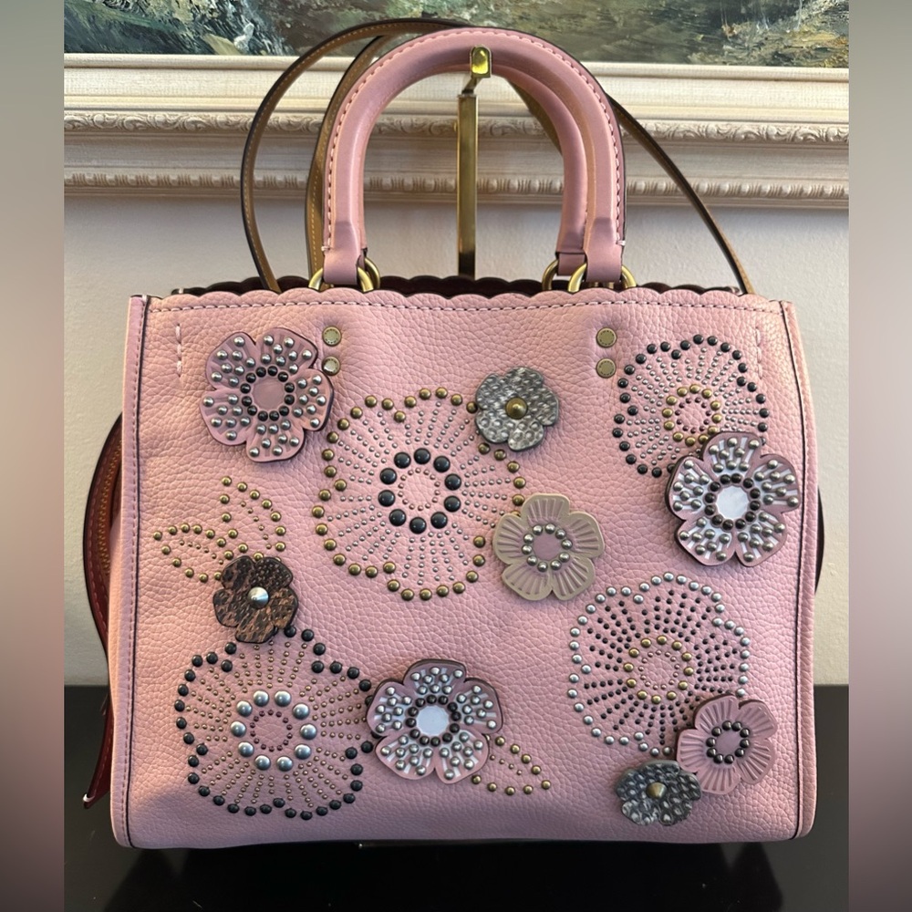 Coach Rogue Tea Rose Shoulder Bag Snake Two Way Handle  Leather Tote EUC - Picture 2 of 16